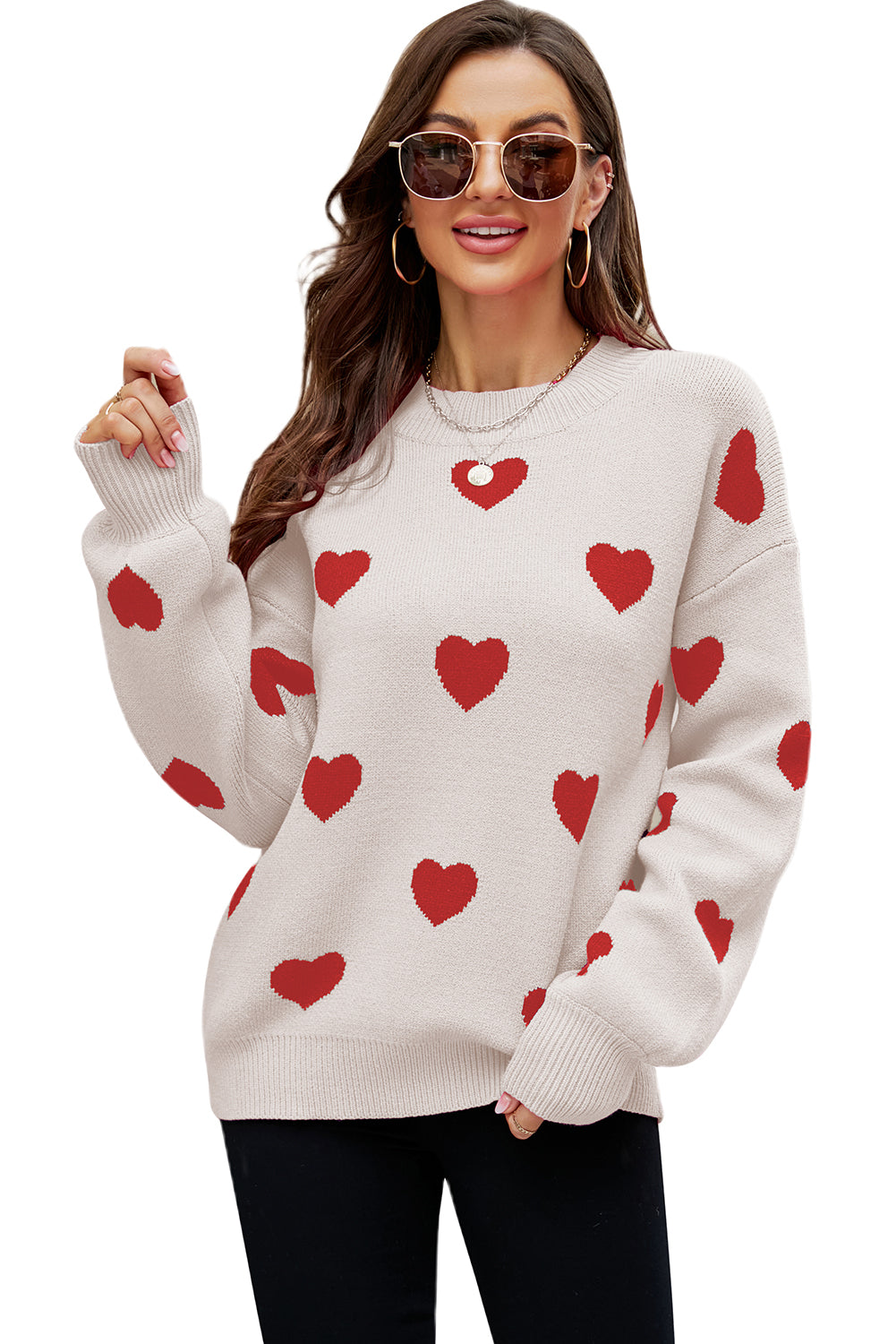 Heart Pattern Ribbed Trim Knit Sweater