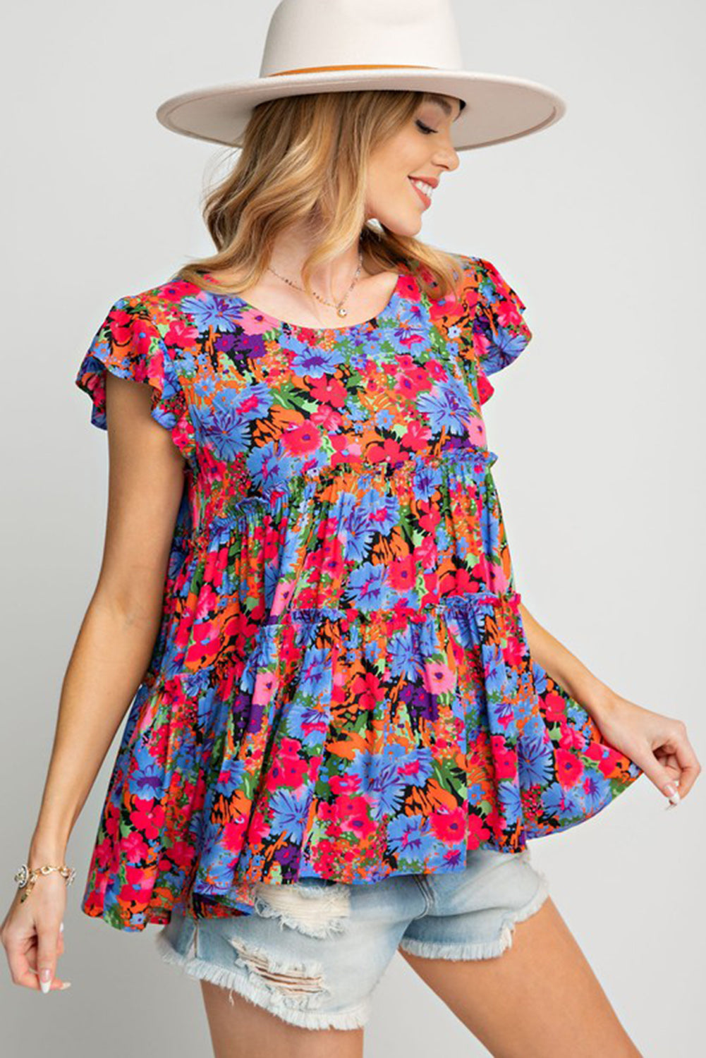 Floral Print Ruffle Tiered Short Sleeve Babydoll Top