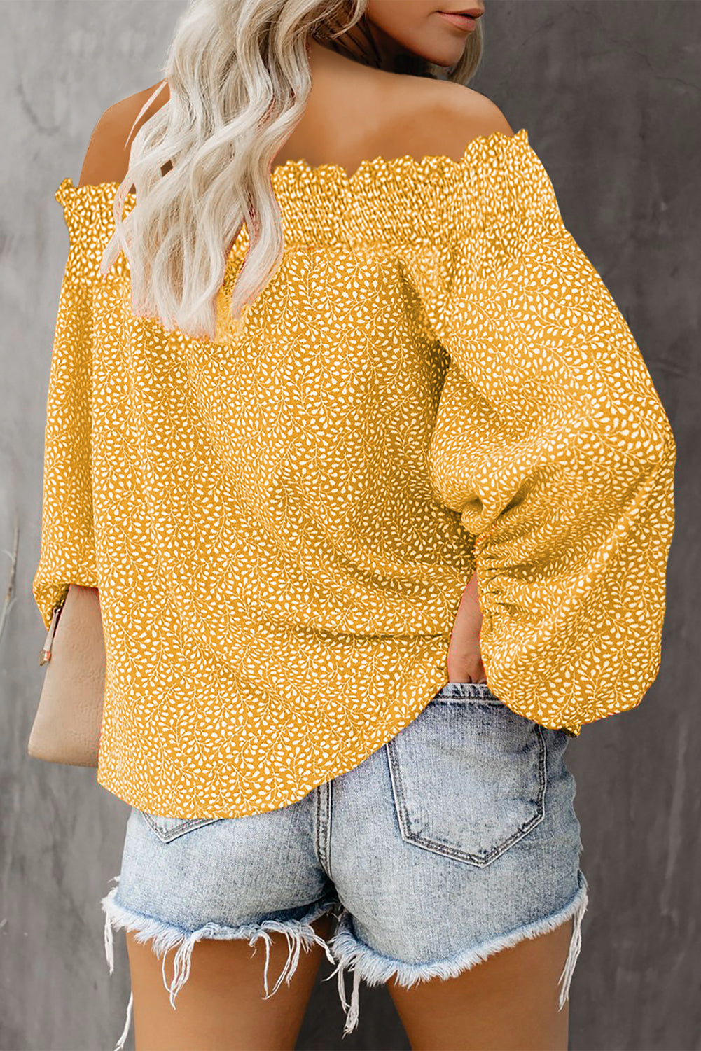 Off Shoulder Floral Print Lantern Sleeve Top