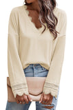 Ribbed Texture Lace Trim V Neck Long Sleeve Top