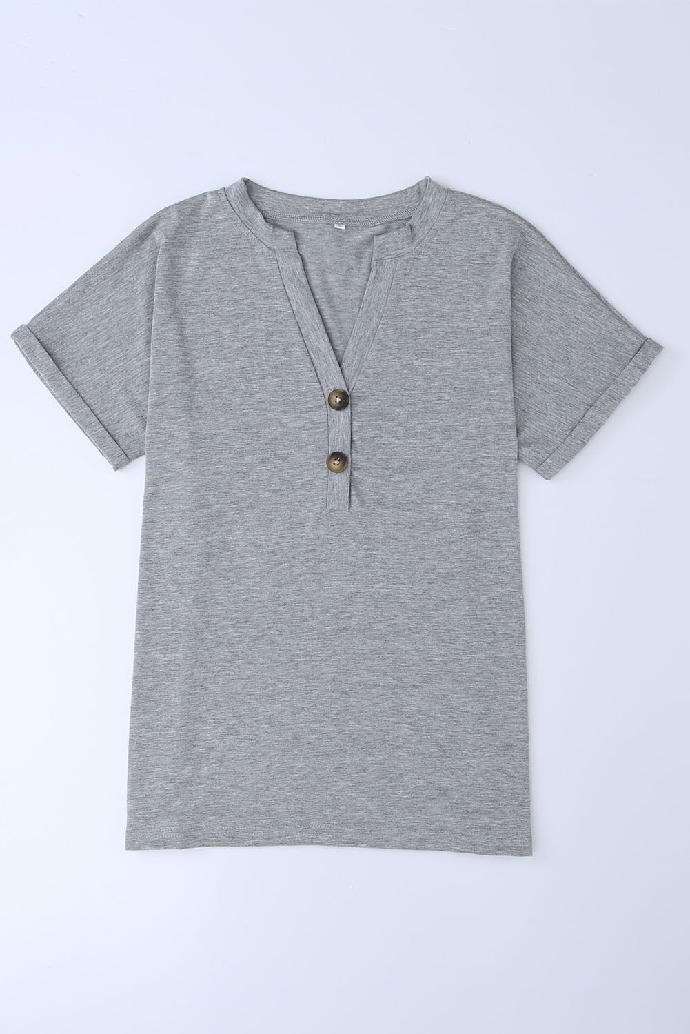 Button V Neck Rolled Sleeve T Shirt