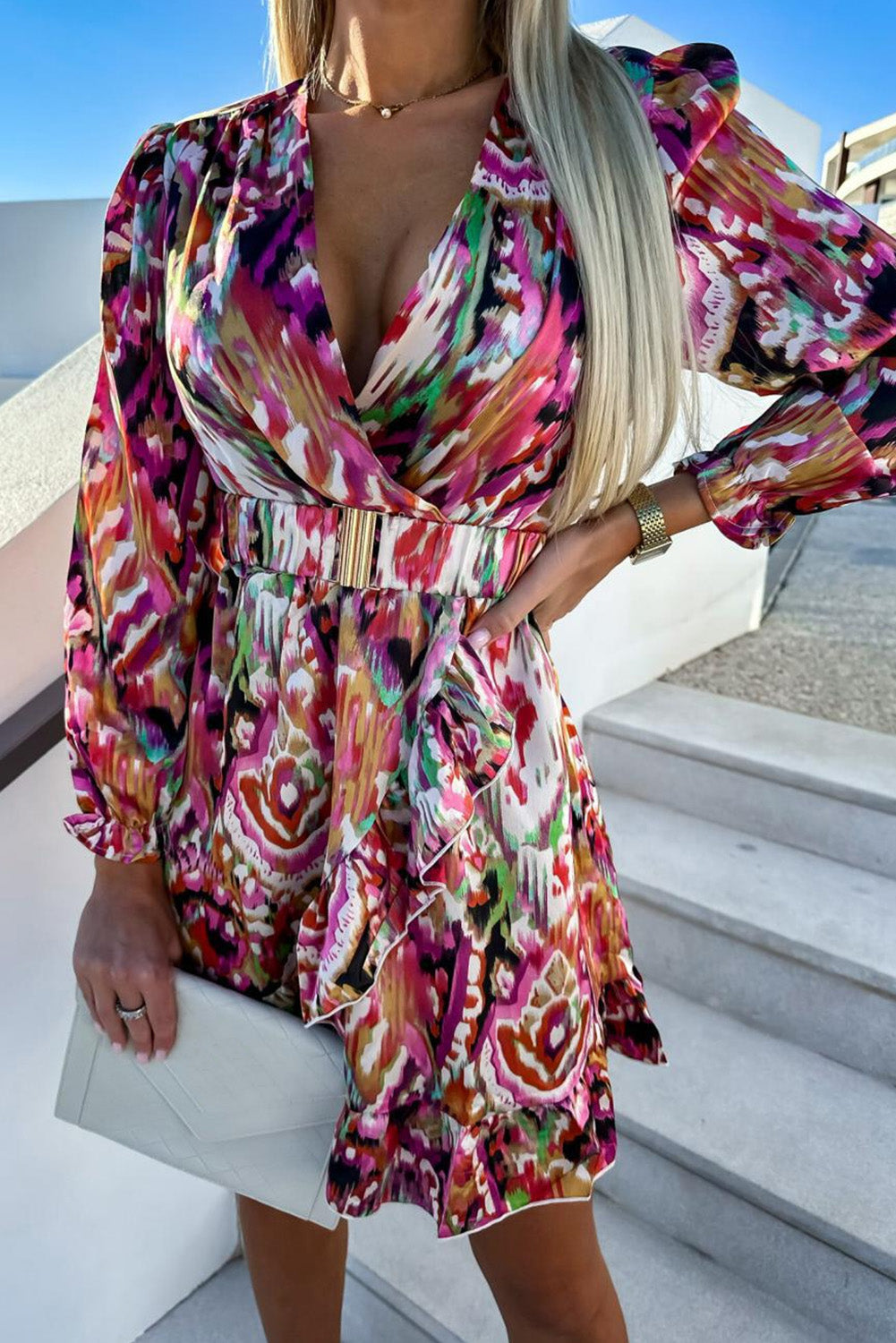 Fuzzy Printed V Neck Ruffle Wrap Mini Dress