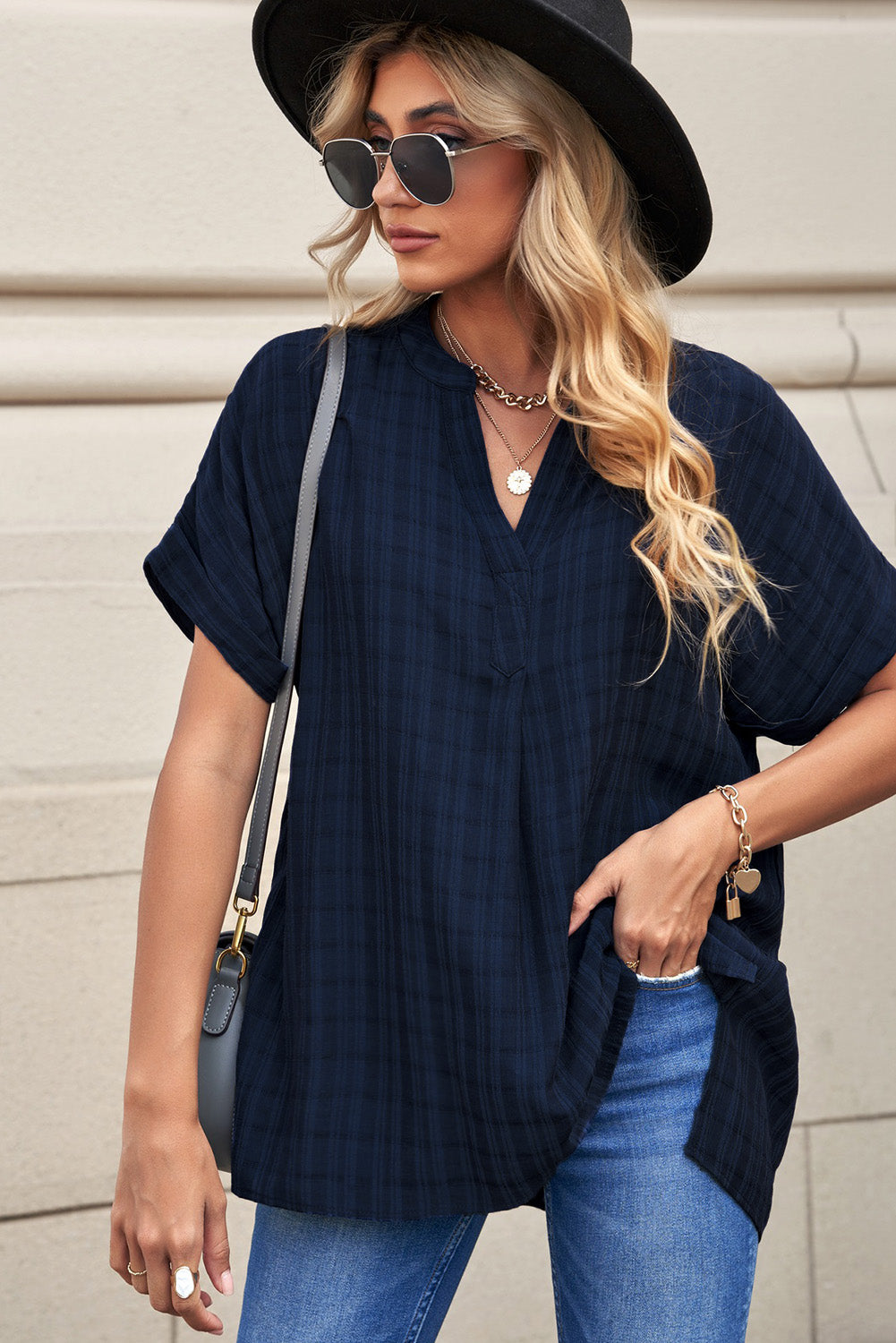 Striped Print Loose V Neck Short Sleeve Shirt with Slits