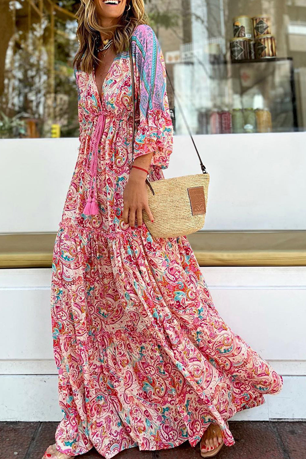 Boho Floral Paisley Print Tassel Tie V Neck Maxi Dress