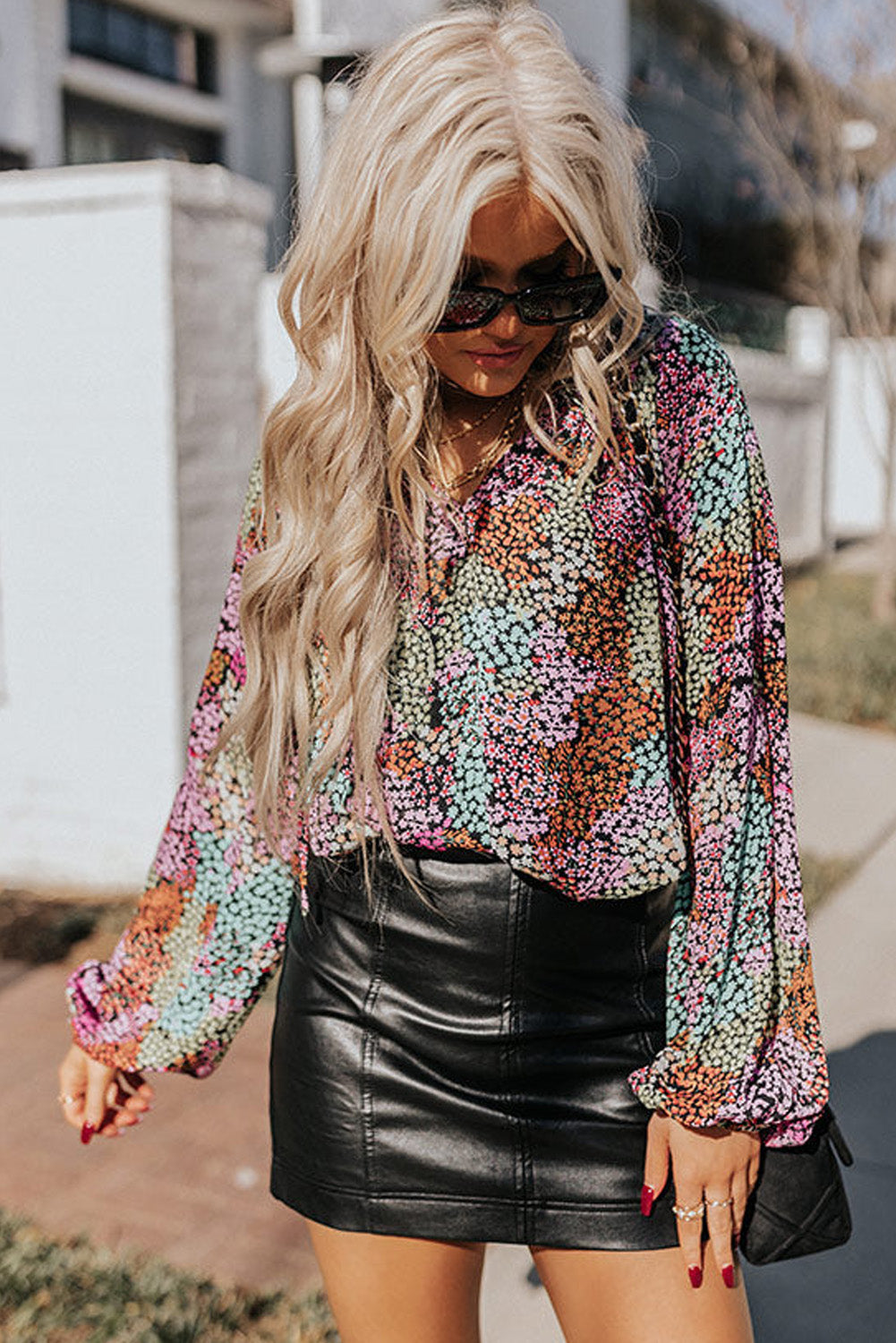 Vibrant Floral Tie V Neck Puff Sleeve Blouse