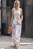 Striped Floral Print Sleeveless Maxi Dress with Pocket