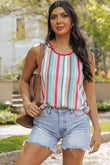 Rose Stripe Rainbow Eyelet Knit Button Decor Tank Top