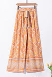 Pamplemousse Orange Cravate Taille Boho Floral Pantalon Large Jambe