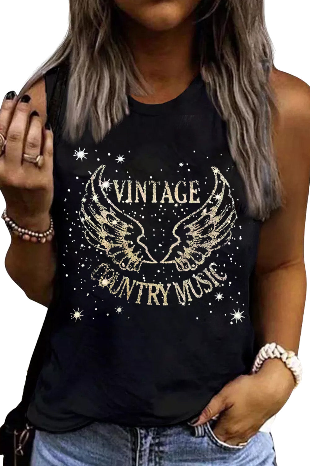 Vintage Country Music Wing Glitter Print Tank Top