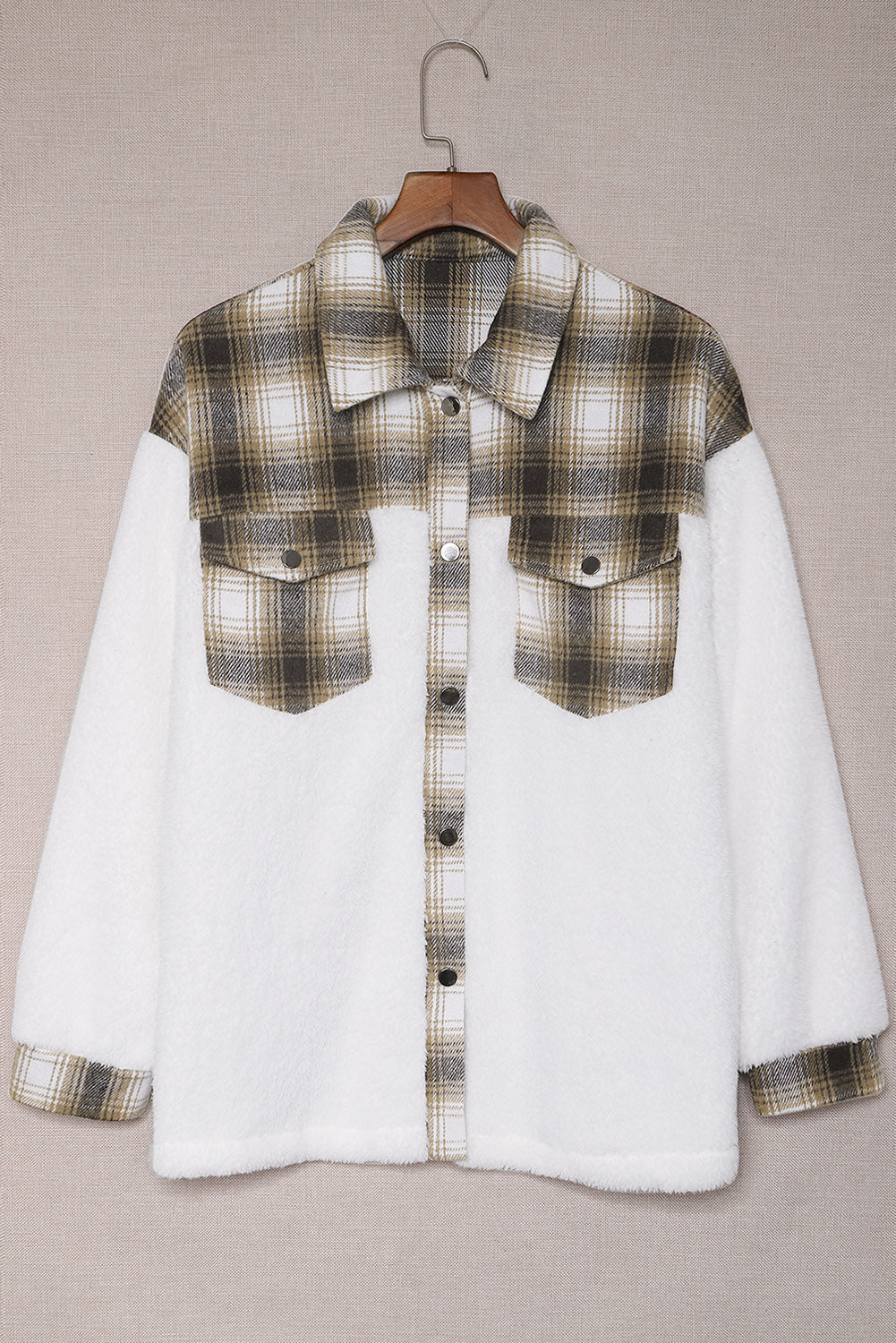 Plaid Patchwork Buttoned Pocket Sherpa Jacket