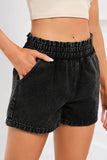 Retro Bleach-washed Ruffled Elastic High Waist Denim Shorts