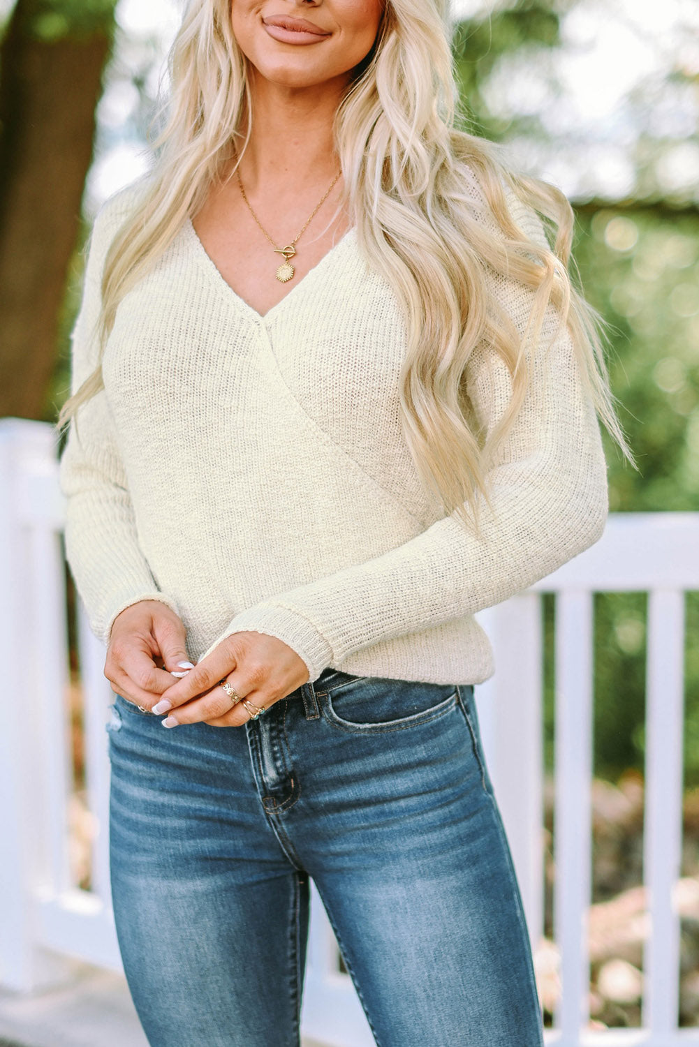 V Neck Wrap Backless Knit Sweater