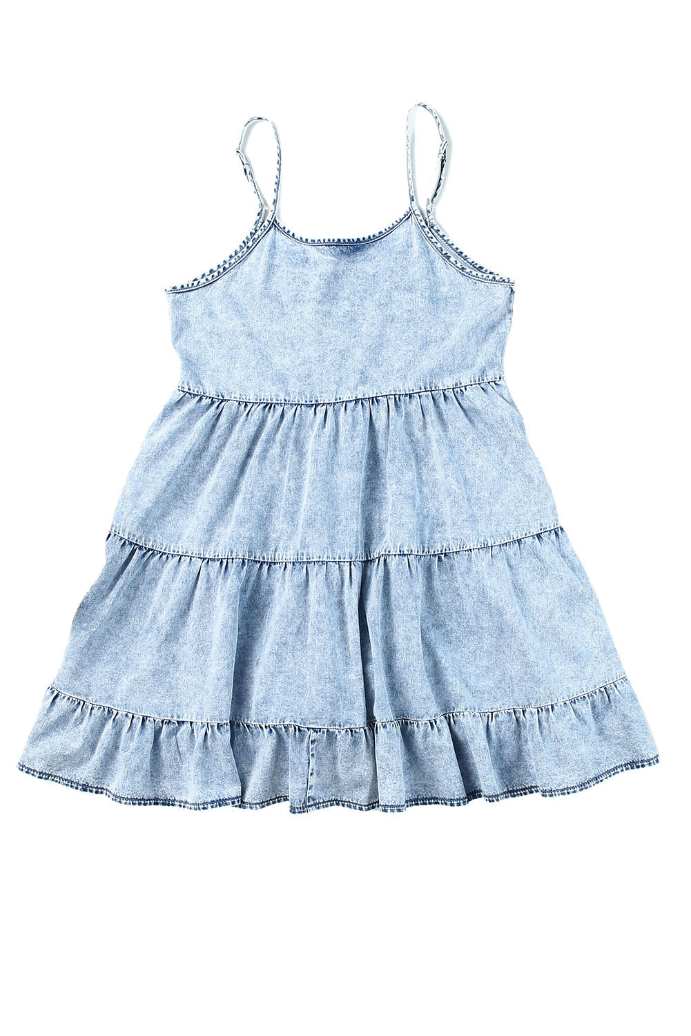 Sky Adjustable Straps Tiered Ruffle Denim Dress