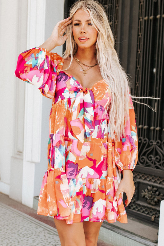 Orange Abstract Print Lace-up Sweetheart Neck Smocked Mini Dress