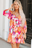 Orange Abstract Print Lace-up Sweetheart Neck Smocked Mini Dress