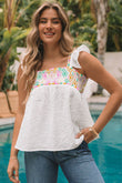 White Aztec Embroidered Square Neck Ruffle Tank Top