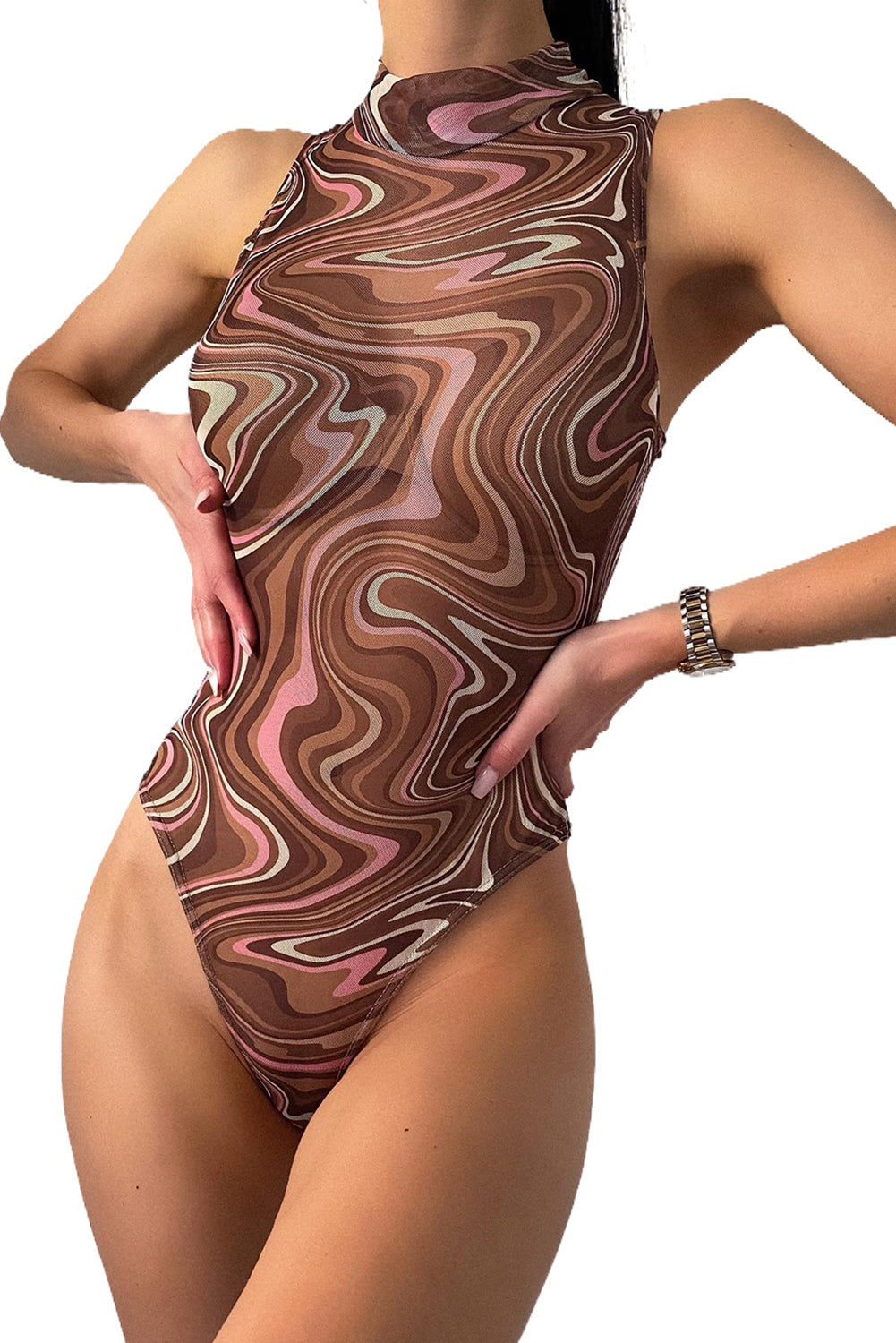 Abstract Swirl High Neck Mesh Sleeveless Bodysuit