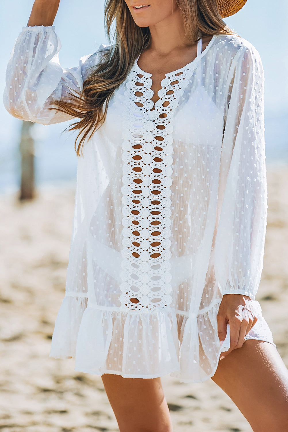 Swiss Dot Crochet Long Sleeve Beach Cover Up