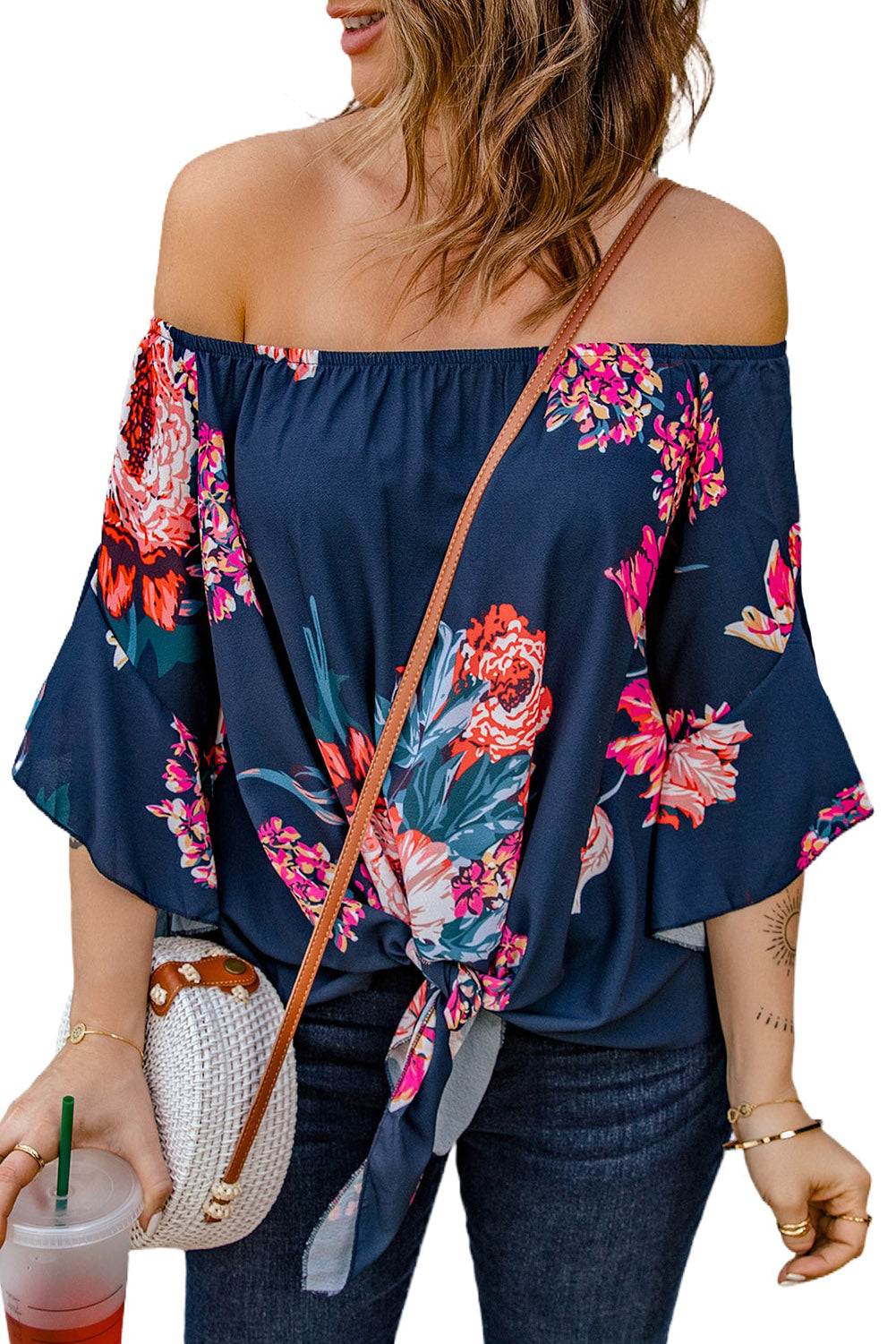 Off Shoulder Floral Tie Front High Low Chiffon Blouse