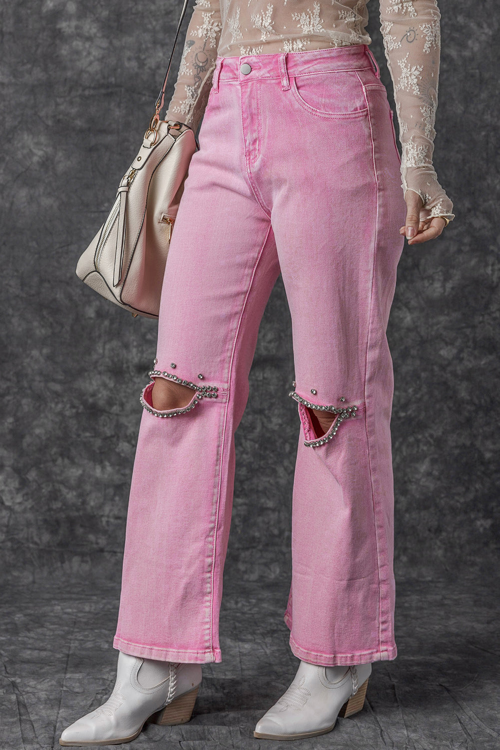 Pink High Waist Rhinestone Cutout Wide Leg Jeans