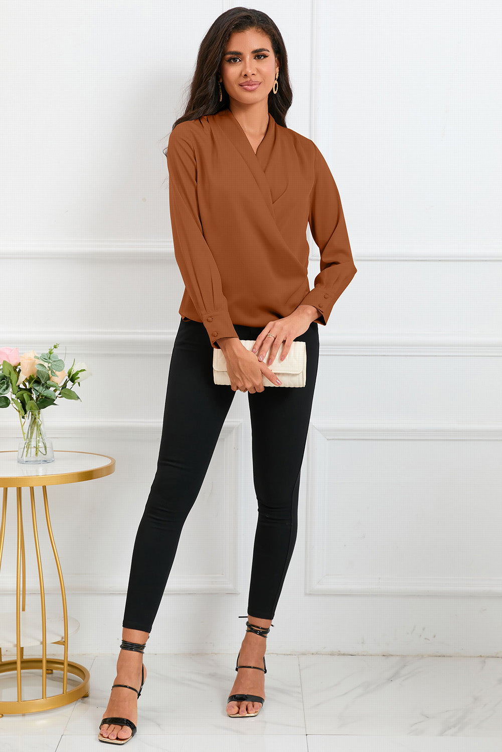 Solid Wrap V Neck Long Sleeve Top