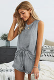 Dark Gray Crew Neck Tank and Drawstring Ruffled Shorts Lounge Set