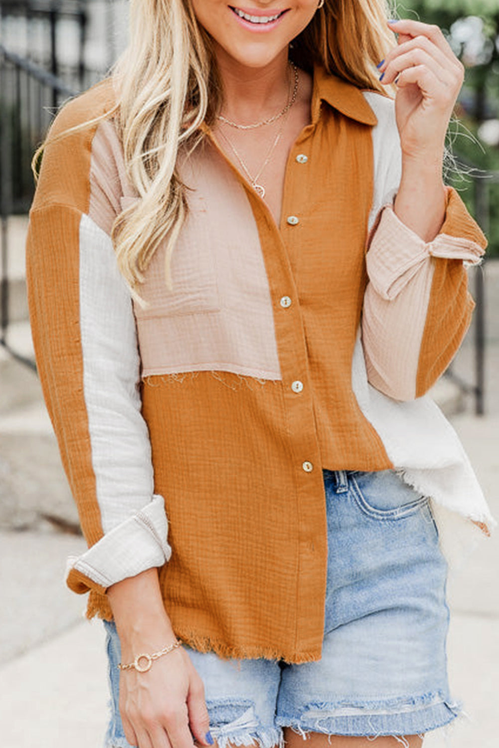 Rose Color Block Buttoned Raw Hem Textured Shirt