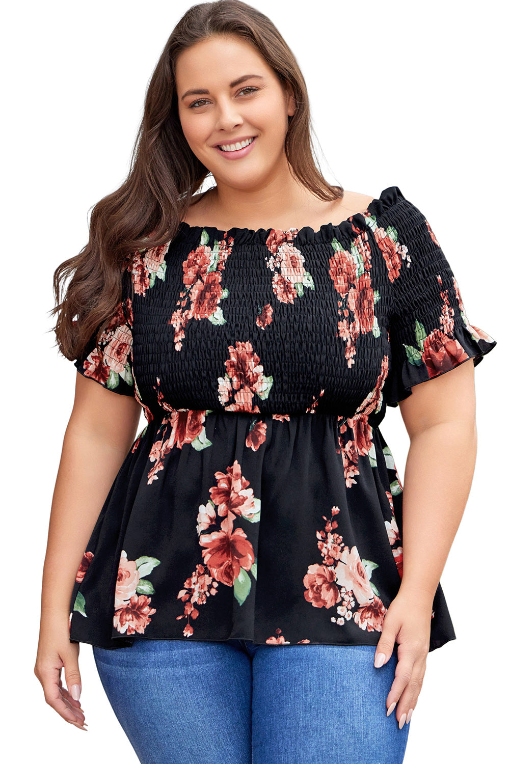 Floral Smocked Off Shoulder Plus Size Blouse