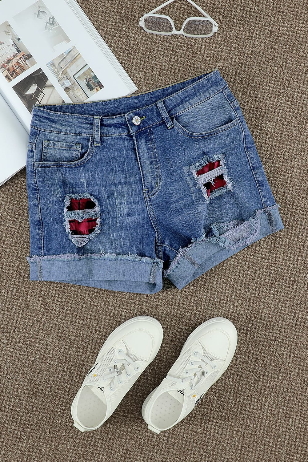 Floral Patchwork Rolled Hem Denim Shorts