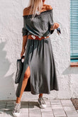 Shirred Off Shoulder Maxi Dress with Split