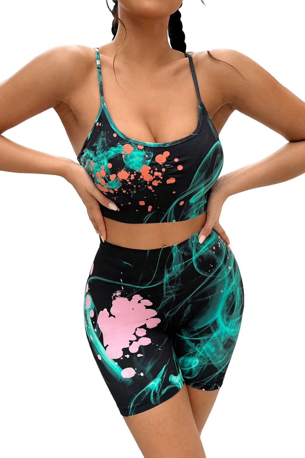 Whimsical Printed Spaghetti Straps Yoga Shorts Set