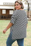 Black Checkered Print Side Slits O Neck Plus Size T Shirt