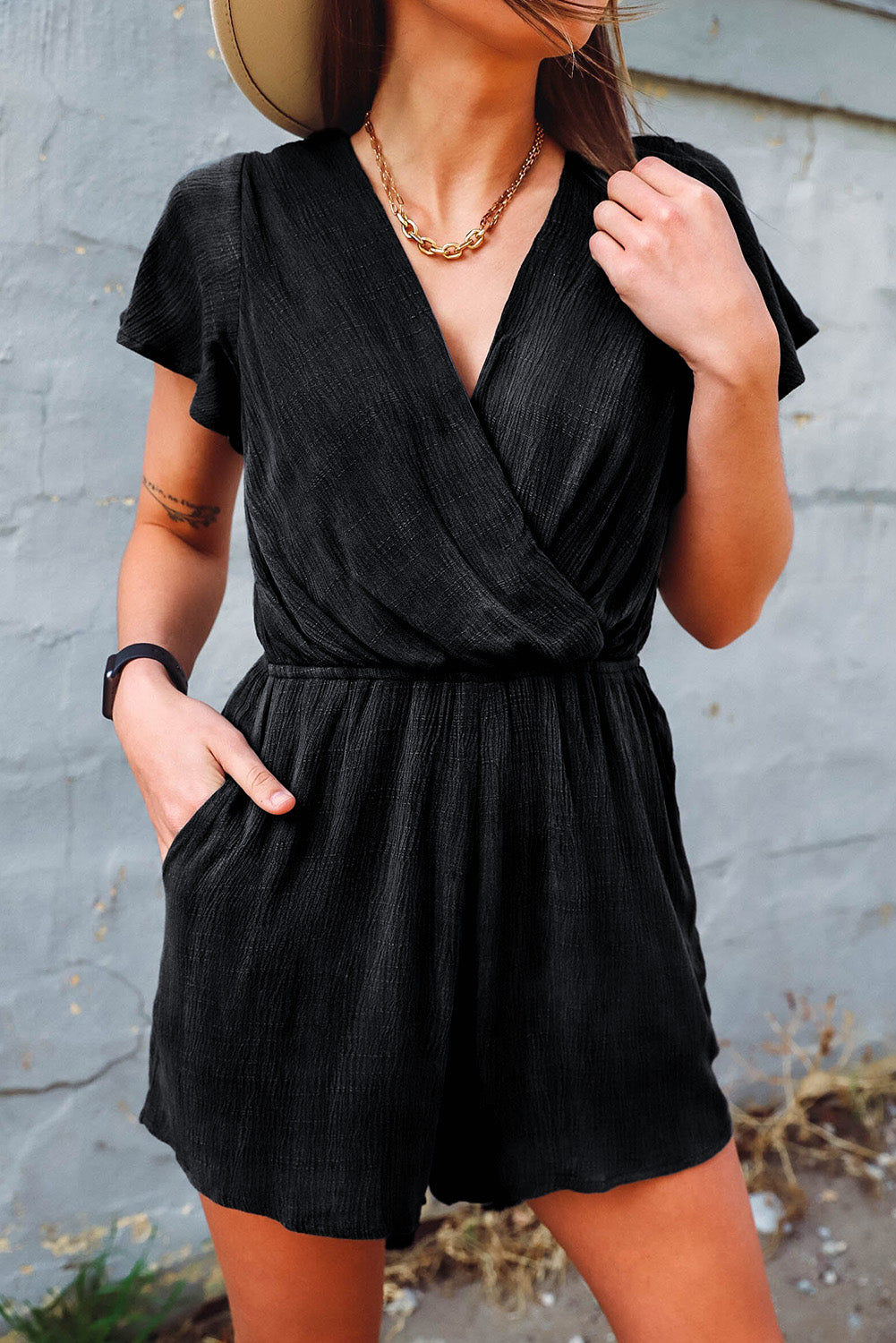 V Neck Wrap Short Sleeve Romper