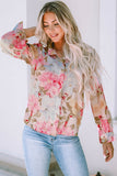 Pink Floral Print Tiered Ruffled Long Sleeve Blouse