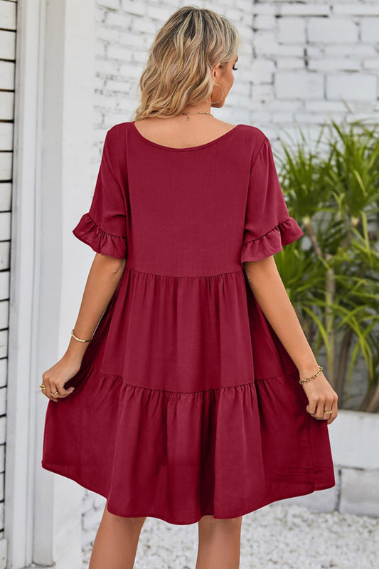 V Neck Ruffle Short Sleeve Flared Midi Dress