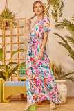 Abstract Printed Wrap V Neck Belted Maxi Dress