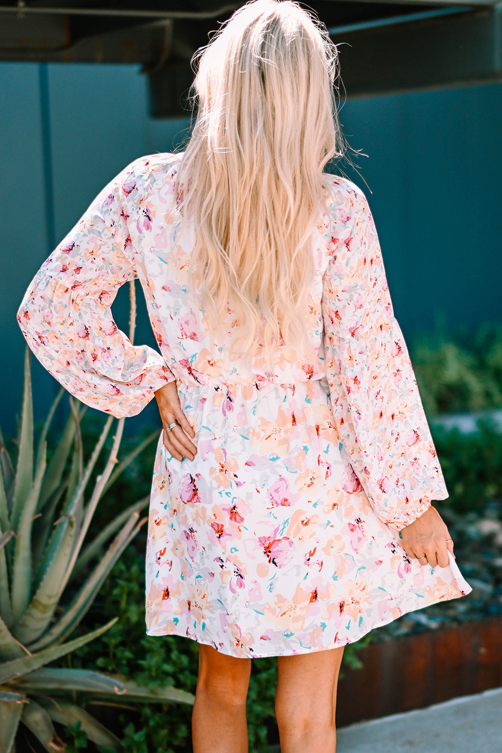 V Neck Bubble Sleeves Floral Dress