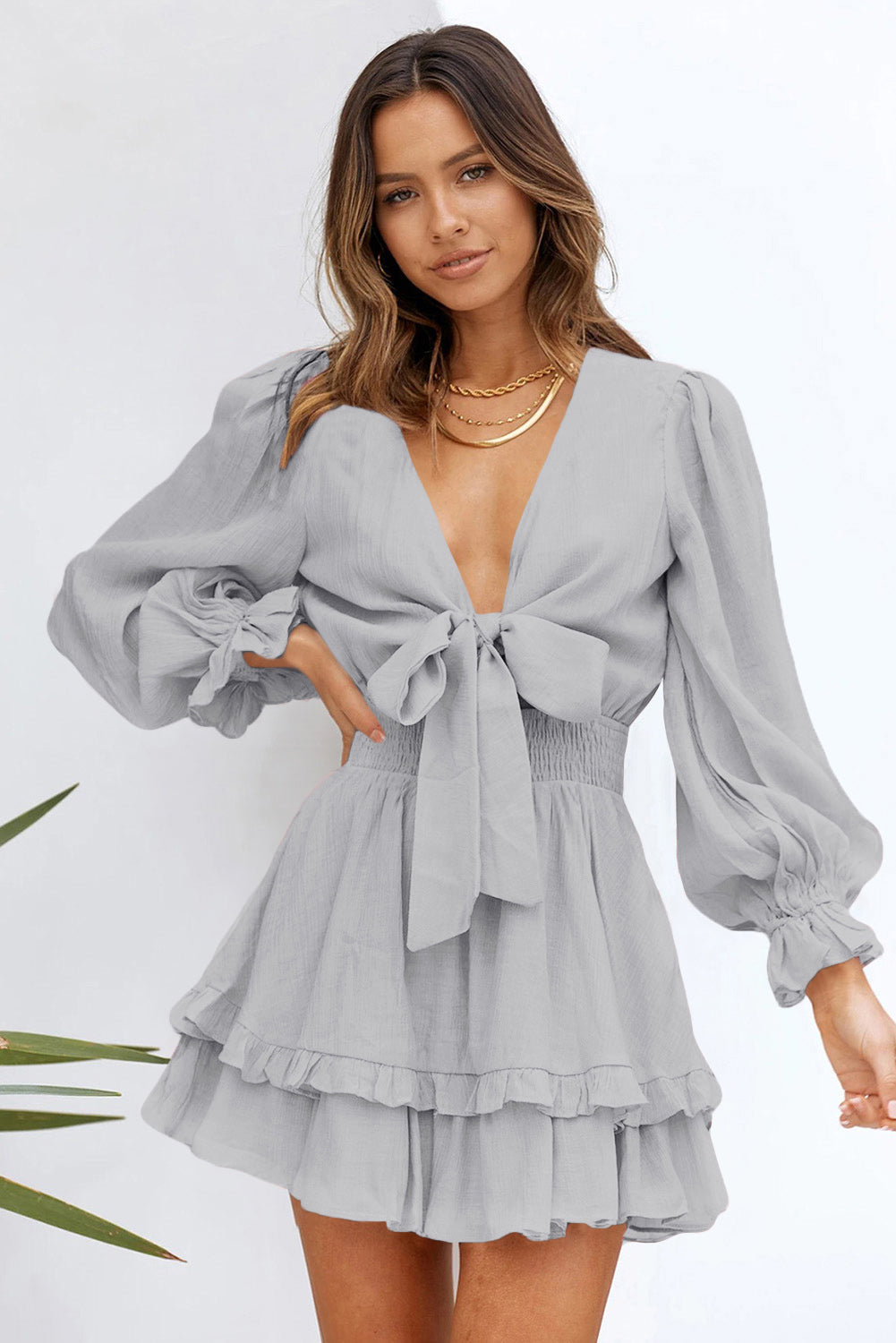 Deep V Neck Lantern Sleeve Knotted Tiered Mini Dress