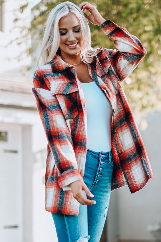 Turn down Neck Plaid Pocket Button Closure Coat