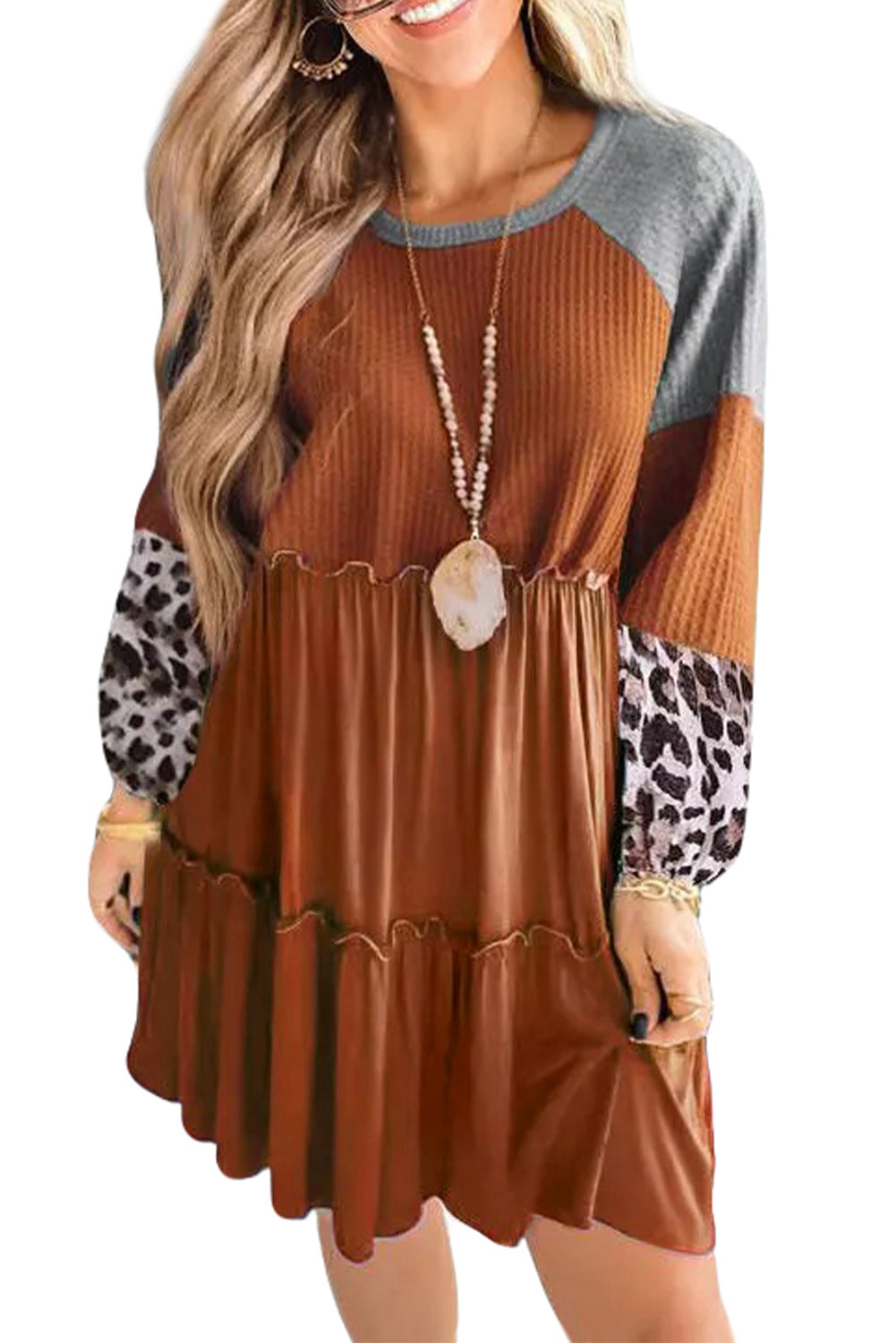 Brown Waffle Knit Leopard Patchwork Long Sleeve Dress