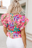 Multicolor Vibrant Floral Print Trimmed Ruffle Sleeve Blouse