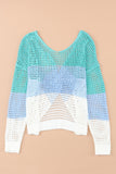 Color Block Eyelet Long Sleeve Twisted Back Knit Top