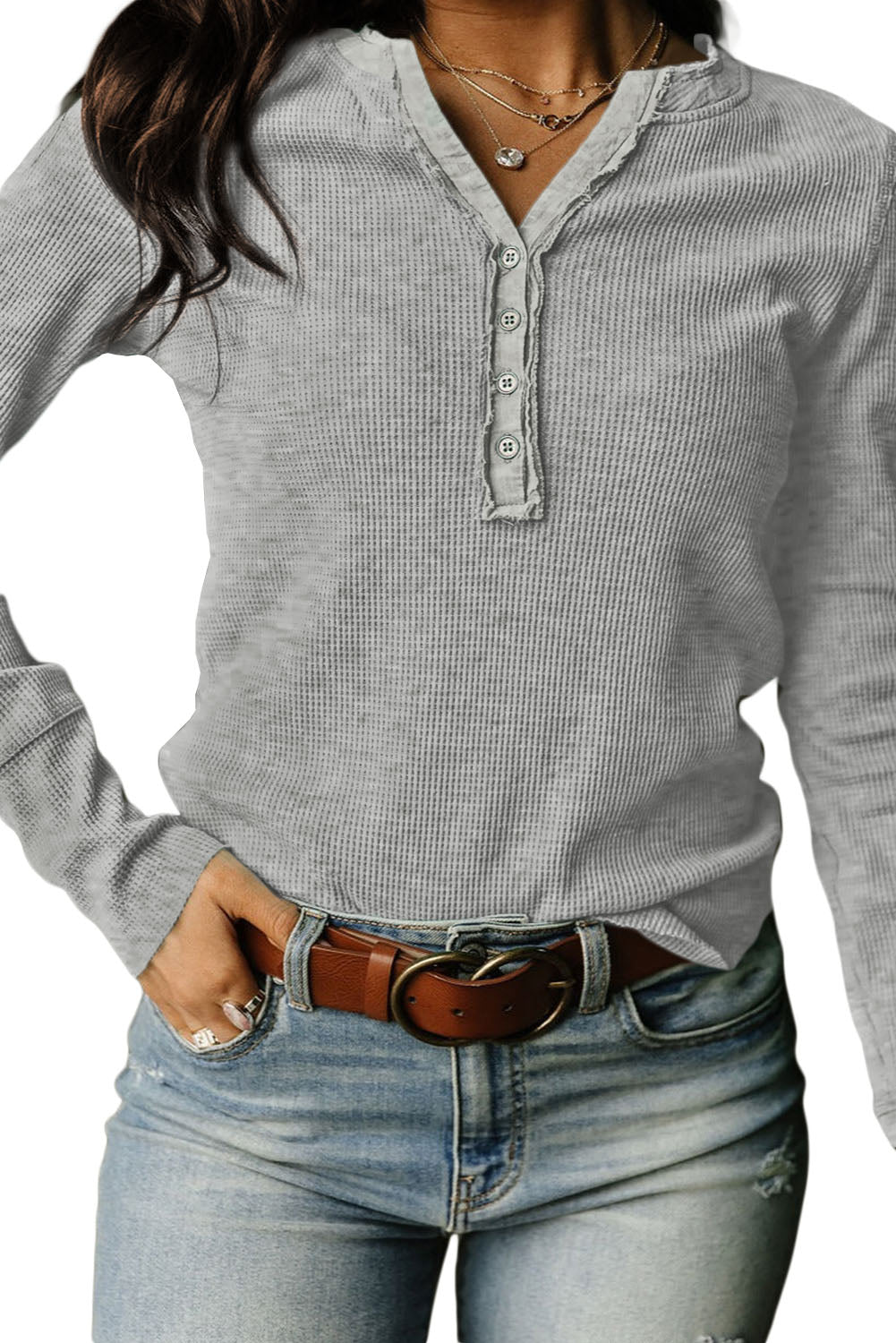 Trimmed Neckline Waffle Knit Henley Top