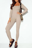 Ruched Square Neck Long Sleeve Sports Jumpsuit