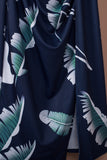 Robe bleu foncé à manches courtes et épaules dénudées à imprimé floral