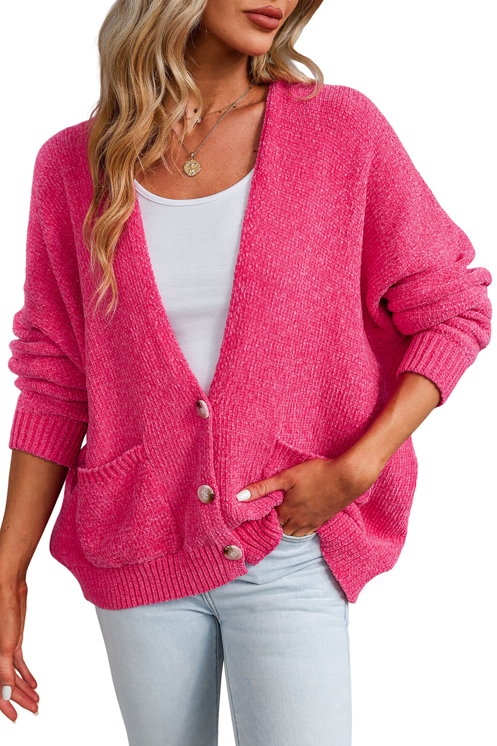 Buttons Front Pocketed Sweater Cardigan