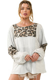 Leopard Patch Puff Sleeve Textured Blouse