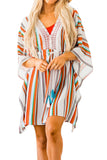 Striped Lace V Neck Wide Sleeves Cinched Swimsuit Cover up