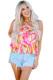 Abstract Floral Print Knotted Halter Tank Top