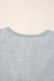 Light Grey Color Contrast Ribbed Loose Fit Long Sleeve Top